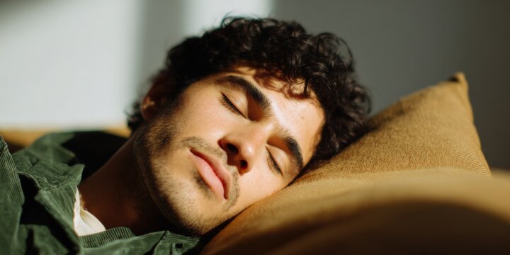 Hispanic male adult sleeping on couch relaxed curly hair stubble sunlight close up side profile peaceful domestic nap