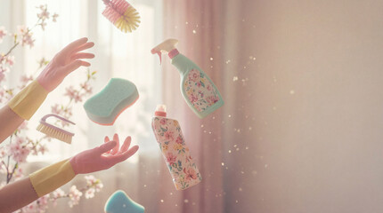 Surreal floating cleaning tools including sponges brushes and spray bottles with yellow rubber gloved hands in dreamlike home scene. Whimsical household cleaning concept with cherry blossoms and