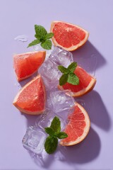 Grapefruit segments with melting ice and mint on violet background refreshing pink citrus composition bright and cool