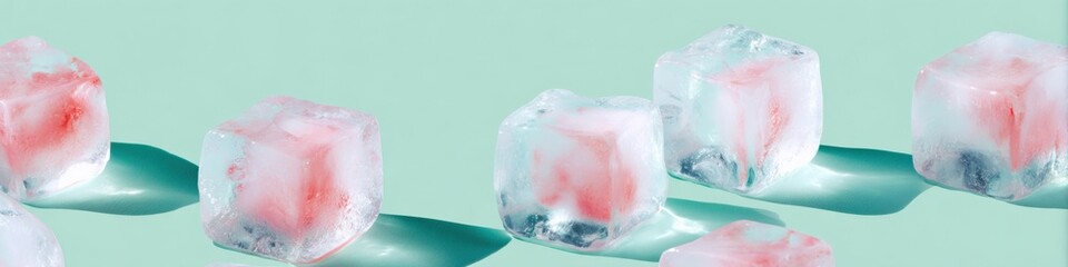 Fototapeta premium Ice cubes colorful centers mint pastel arrangement pink hearts encased in cubes with dramatic shadows and glossy highlights summer refresh
