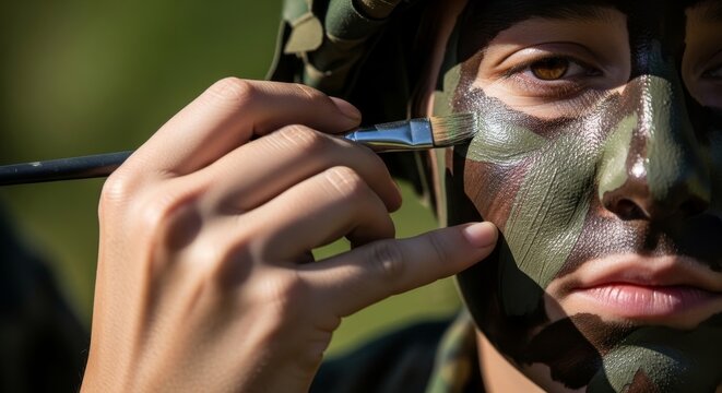 Soldier applying camouflage face paint with brush