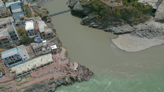 Aerial view of Devprayag Sangam, Devprayag is a town and a nagar panchayat, near New Tehri city in Tehri Garhwal District in the state of Uttarakhand, India,