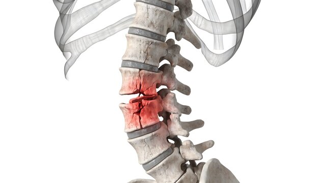 Detailed 3D medical illustration of a human spine featuring a vertebral fracture. Translucent back muscles and a red highlighted break on a white background for clinical and educational use.