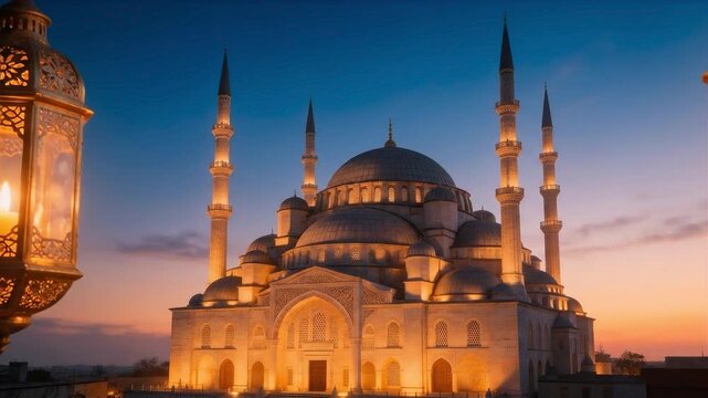 Grand mosque with multiple minarets and domes illuminated at twilight, suitable for travel, religious content, cultural backgrounds, architectural designs, and tourism promotion.