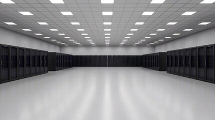 Modern data center server room with rows of black server racks