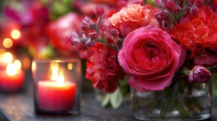 A vibrant arrangement of pink and red flowers sits beside softly glowing candles, creating a warm and inviting atmosphere, Perfect for greeting cards, home decor, or event planning,