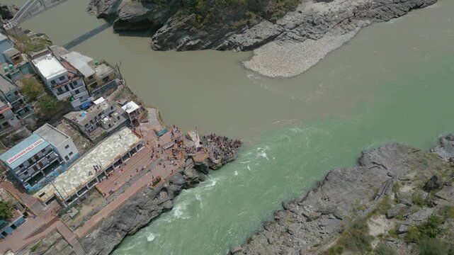 Aerial view of Devprayag Sangam, Devprayag is a town and a nagar panchayat, near New Tehri city in Tehri Garhwal District in the state of Uttarakhand, India,