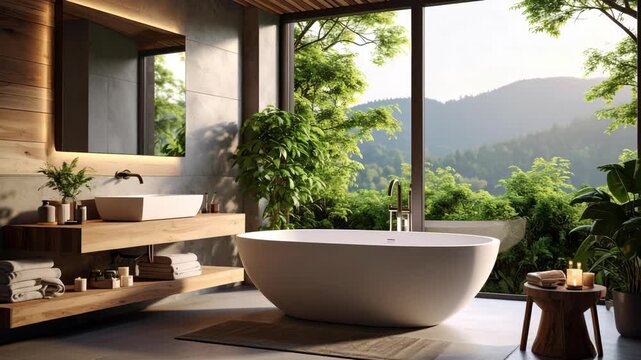 Modern spa bathroom interior with white tub wooden vanity and scenic mountain view through large glass window