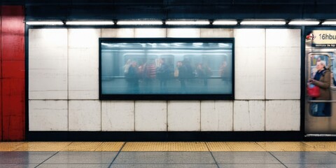 Fototapeta premium Subway station interior. People visible through glass doors, platform empty. Red accents contrast with white tile walls. Dim lighting creates mood.