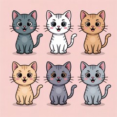 Fototapeta premium Six adorable cartoon cats with different colors and expressions are shown