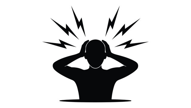 person covering ears from loud noise stress or headache concept black silhouette illustration representing mental pressure sound pollution