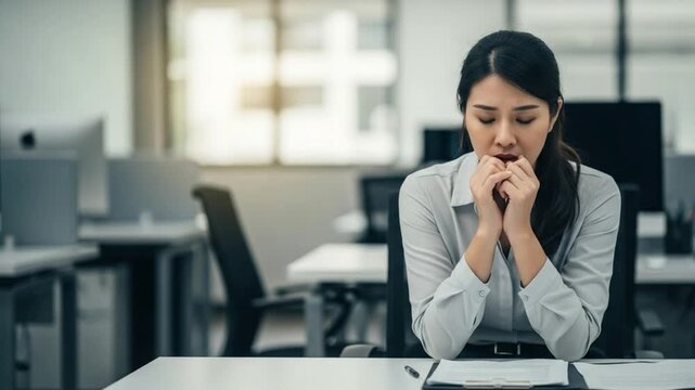 Anxious young Asian female employee suffering from workplace stress and imposter syndrome in office