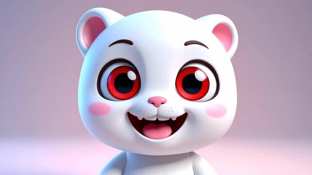 Cute 3D animated white teddy bear creature with large red eyes and happy cheerful smile on light background
