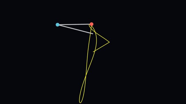 Double Pendulum simulation with chaotic motion and smooth trailing path. Two connected pendulums swing dynamically against a dark cinematic background, demonstrating nonlinear dynamics, chaos theory, 