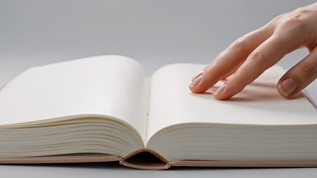 Woman's Hand Touching Blank Pages of Opened Book