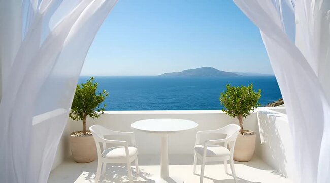 Luxury white terrace with a stunning Mediterranean sea view, featuring sheer curtains blowing in the breeze and a scenic island background.
