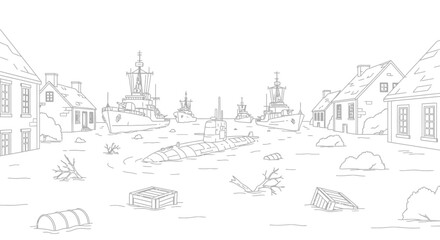 Fototapeta premium Flooded City with Warships and Submarine