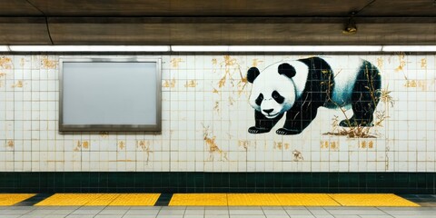 Fototapeta premium Subway station wall features panda mural. Blank poster space above yellow platform tiles. Dim lighting creates dramatic effect.