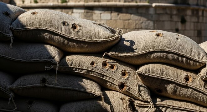 Military Sandbags with Bullet Holes Stacked High