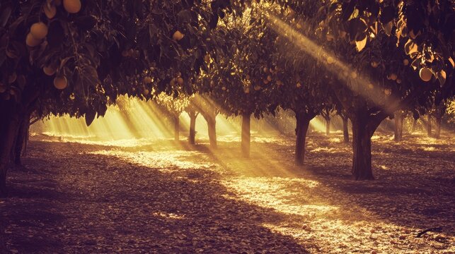 Sunbeams through fruit trees