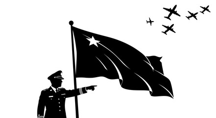 Fototapeta premium Military Leader Directs Air Force Formation with Flag