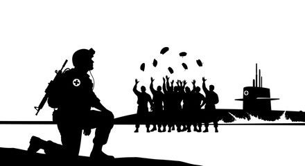 Military Medic Kneels Watching Sailors Celebrate on Submarine Deck