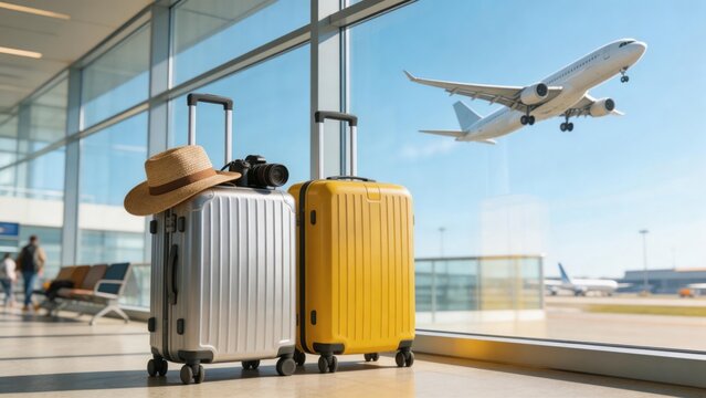 Two travel suitcases with camera and straw hat at airport terminal window with airplane taking off outside, travel vacation concept, idea for tourism journey planning and holiday transportation