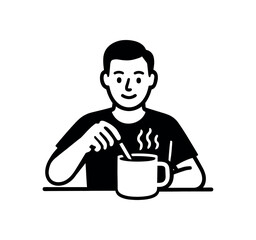 High-contrast black and white icon of a man using a spoon to stir a hot drink in a big mug, suitable for ui icons or signage.