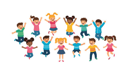 Naklejka premium Group of happy, diverse children joyfully jumping and playing, symbolizing childhood, energy, fun, and healthy activity.