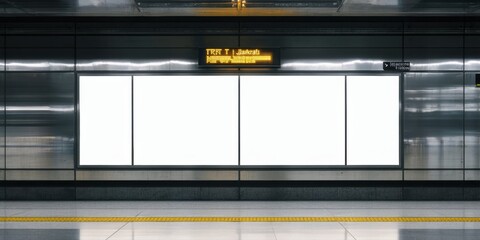 Fototapeta premium Subway station interior. Blank billboards dominate wall. Yellow safety line marks platform edge. Dim lighting creates dramatic effect.