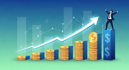 Businessman Standing on Rising Dollar Stacks.