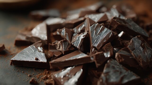 Close-up of Rich Dark Chocolate Pieces Scattered