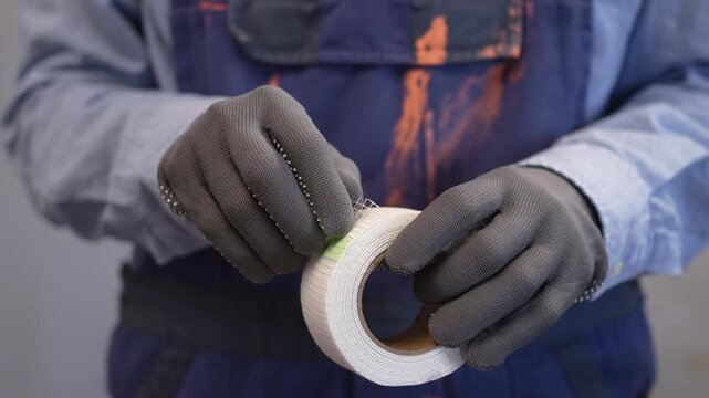 Worker hands holding fiberglass mesh tape for drywall