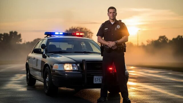 Professional Caucasian male police officer with patrol car during golden hour sunrise