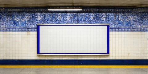 Obraz premium Subway station wall features ornate blue tilework, blank white rectangular sign, yellow platform edge. Dark tunnel surrounds scene.
