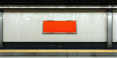 Fototapeta premium Subway station wall features red rectangle. White tiles, dim lighting, platform visible. Minimalist composition, urban setting.