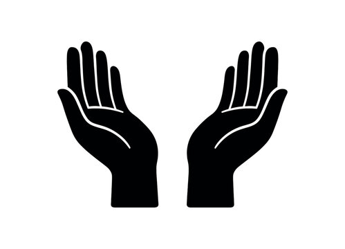 Simple black silhouette of two hands held palms up, a symbol for care, offering, or prayer.