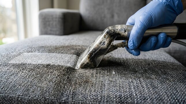 Professional worker using a steam cleaner machine to remove dirt from a gray fabric sofa.
