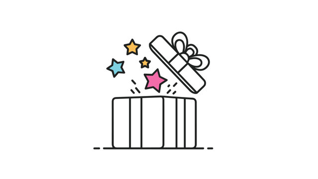 Simple line icon illustrates an open gift box with vibrant stars bursting out, symbolizing a delightful surprise, special present, or exciting offer.