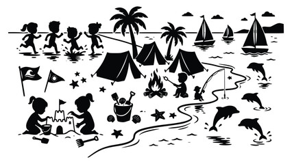 Fototapeta premium Happy children enjoying a fun day at the beach with tents camping and playful activities together on a sunny day outdoors with friends and family.