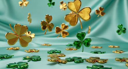 Green and gold crystal gems shamrocks evoking luck, celebration and Irish tradition with light green fabric background for festive atmosphere of St. Patrick's Day.