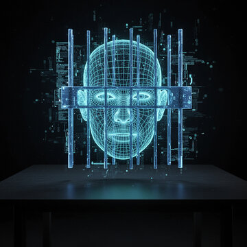 Trapped Digital Consciousness - Wireframe Head Behind Bars Futuristic 