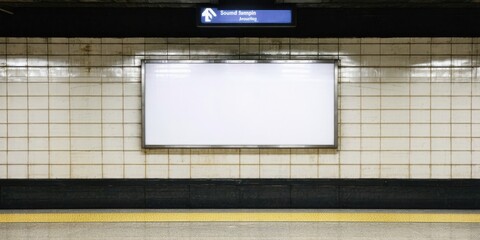 Fototapeta premium Subway station wall features blank billboard. Tiled surface, yellow platform edge visible. Dim lighting creates stark contrast.