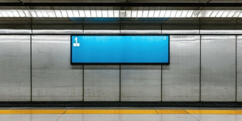 Fototapeta premium Subway station interior. Gray tiled walls, bright screen displays information. Yellow platform edge visible, dark surroundings. Minimalist aesthetic.
