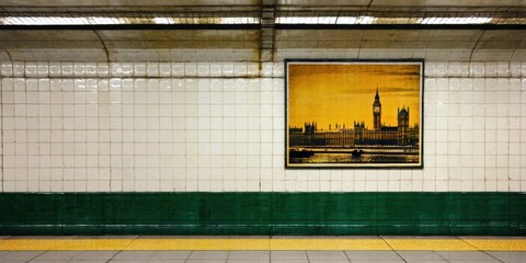 Fototapeta premium Subway station interior features advertisement depicting London skyline. Tiles, platform, lighting create stark contrast, moody atmosphere.