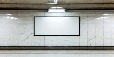 Fototapeta premium Subway station interior features blank billboard. Tiled walls, dark flooring, bright lighting create stark contrast. Minimalist aesthetic.