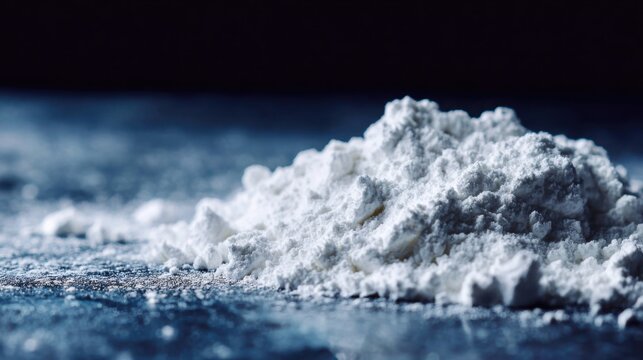 Close-up view of a pile of fine white baking soda powder, showcasing its granular texture on a reflective surface.