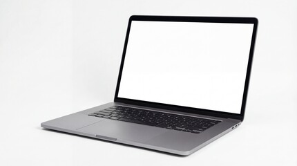 Open laptop computer with blank screen on white background