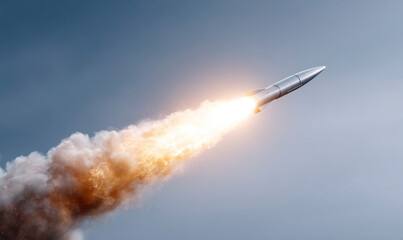 Silver Rocket Speeds Upward with Fiery Exhaust Against a Blue Sky
