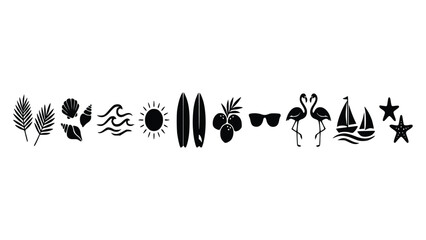 Collection of beach themed icons including tropical plants, seashells, sun, surfboards, sunglasses, flamingos, sailboat, and starfish in a simple black and white design perfect for coastal decor. © Ajoy